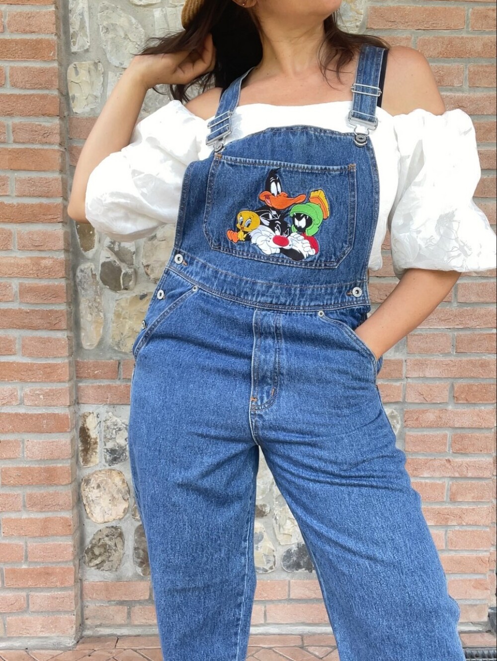 LOONEY TUNES Vintage 90s Y2K Embroidered Denim Blue Jean Overalls sz XS Women's
